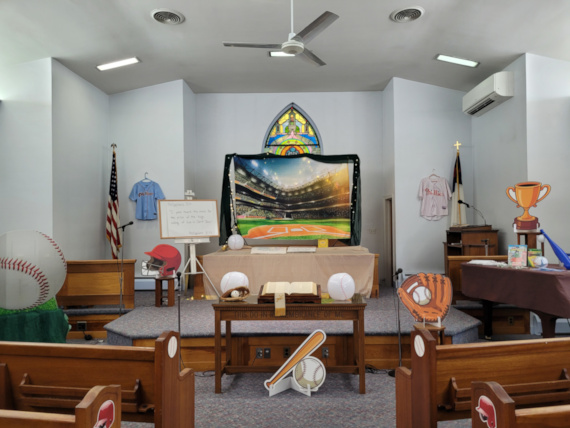 Summer Bible Adventure baseball-theme decorated sanctuary
